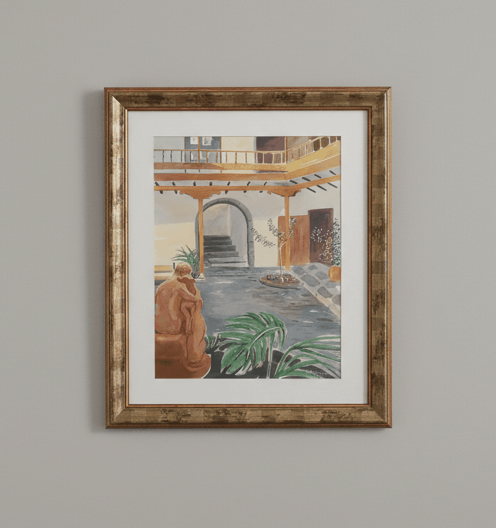 Patio Canario - Gouache sobre papel, enmarcado en dorado - 60 x 72 cm